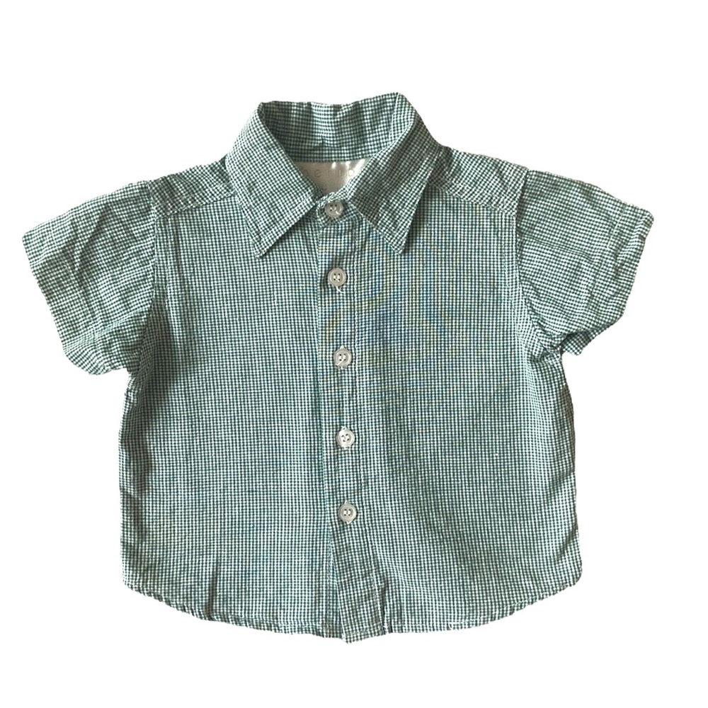 VINTAGE Gingham Shirt Collar Green Sage Plaid Cotton Button Down Casual Preppy